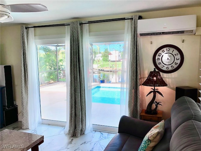 interior space with light tile patterned floors and a wall mounted AC