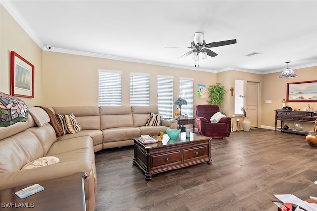 living room with ceiling fan, ornamental molding, and dark hardwood / wood-style flooring