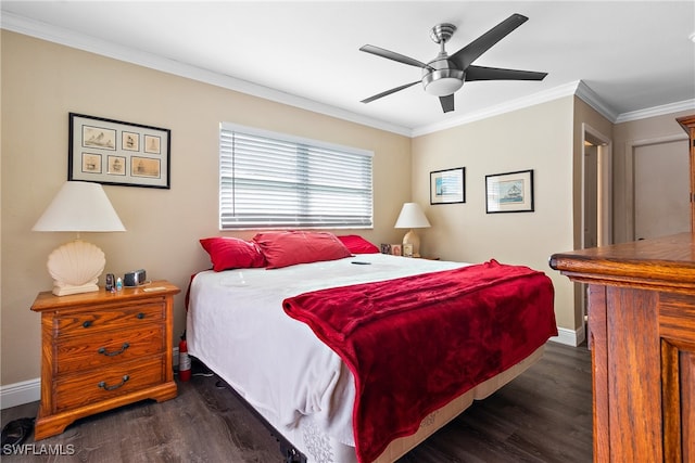 bedroom with ceiling fan, ornamental molding, and dark hardwood / wood-style flooring