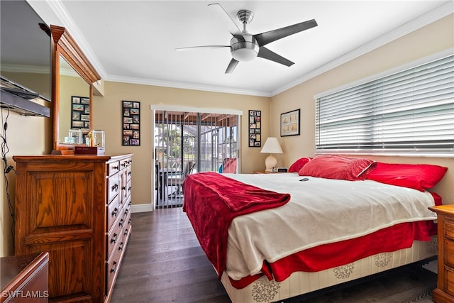 bedroom with crown molding, ceiling fan, dark hardwood / wood-style flooring, and access to outside