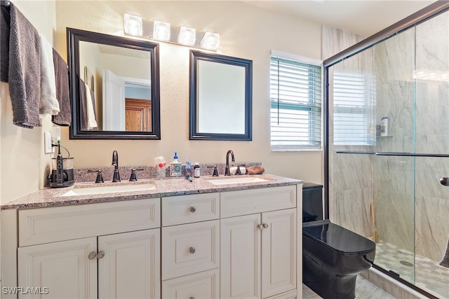 bathroom with vanity, toilet, and walk in shower