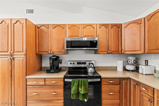 kitchen featuring stainless steel appliances and lofted ceiling