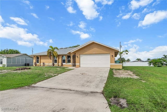 ranch-style house with a garage and a front lawn