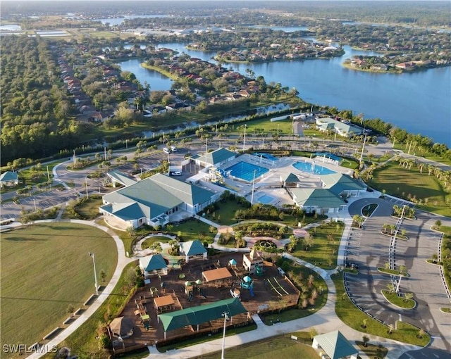 bird's eye view with a water view