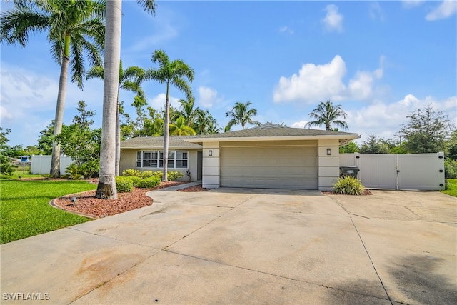 ranch-style house with a garage and a front lawn