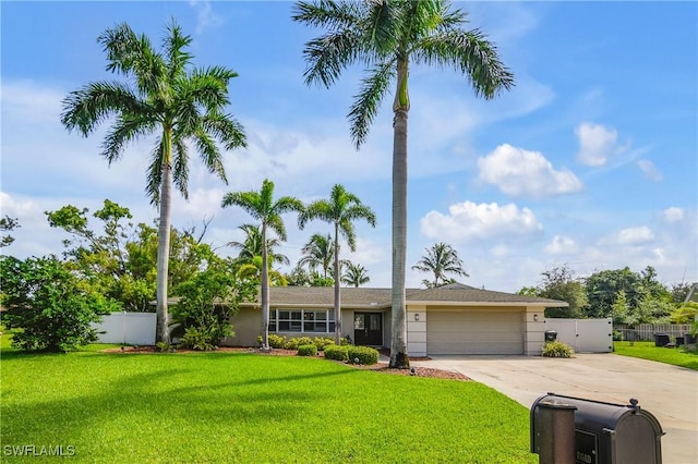 ranch-style home with stucco siding, an attached garage, a front yard, fence, and driveway