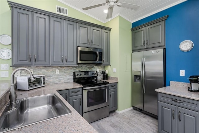 kitchen with ornamental molding, a sink, stainless steel appliances, light countertops, and backsplash