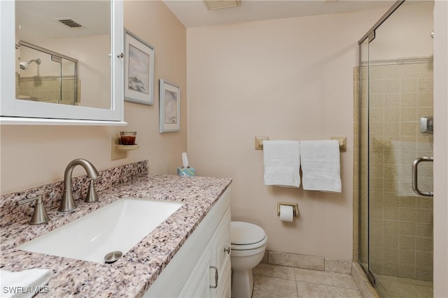 full bath with a stall shower, visible vents, toilet, tile patterned flooring, and vanity