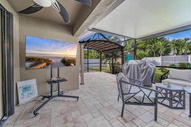 706 SW 9th Ct, Cape Coral, FL 33991 - fenced backyard featuring a storage shed, a patio area, grilling area, a pergola, and outdoor lounge area