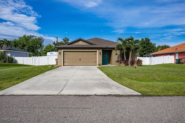 single story home with a garage and a front yard