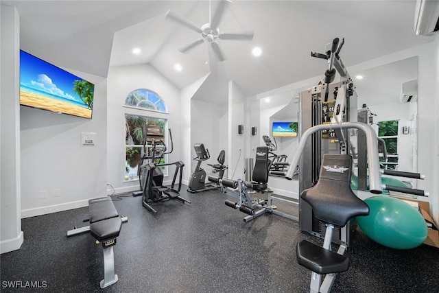 exercise room with ceiling fan, an AC wall unit, and lofted ceiling