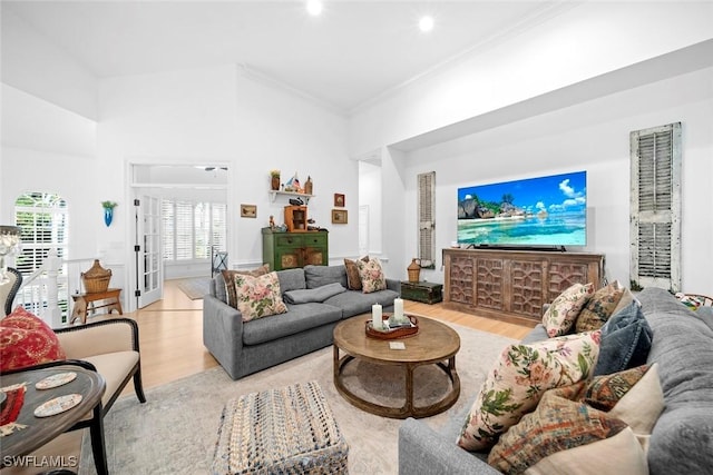 living room with ornamental molding, a towering ceiling, and light wood-type flooring