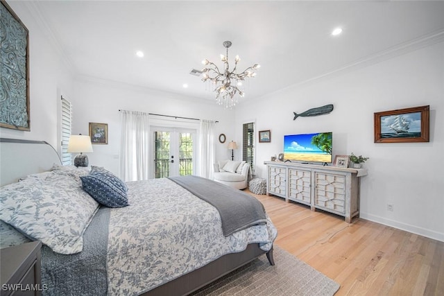 bedroom with access to exterior, ornamental molding, hardwood / wood-style flooring, and a chandelier