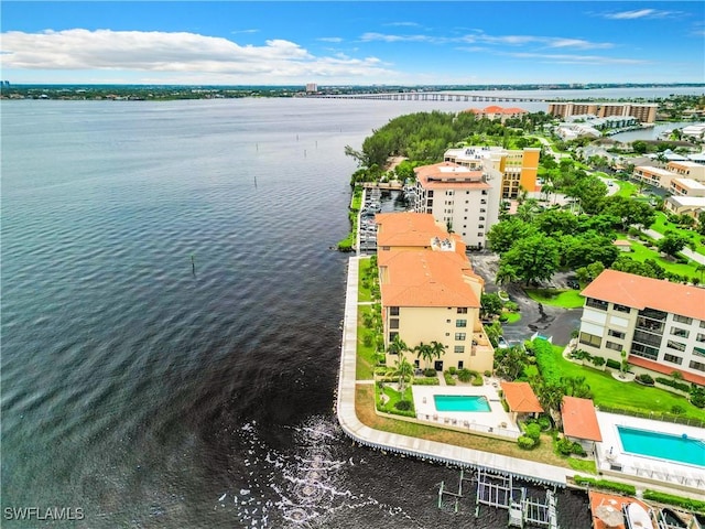 drone / aerial view featuring a water view