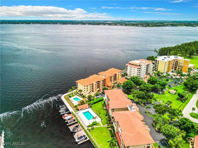 drone / aerial view featuring a water view