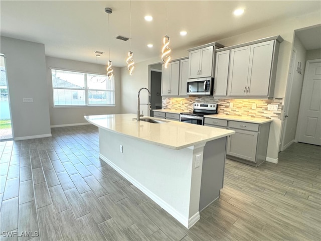 kitchen with appliances with stainless steel finishes, hanging light fixtures, a kitchen island with sink, and sink