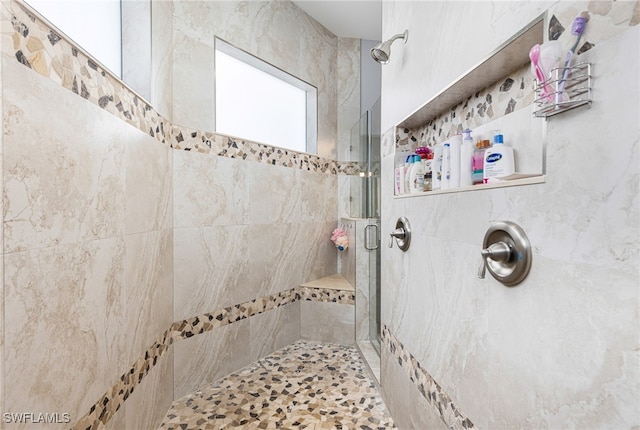 bathroom featuring a shower with shower door