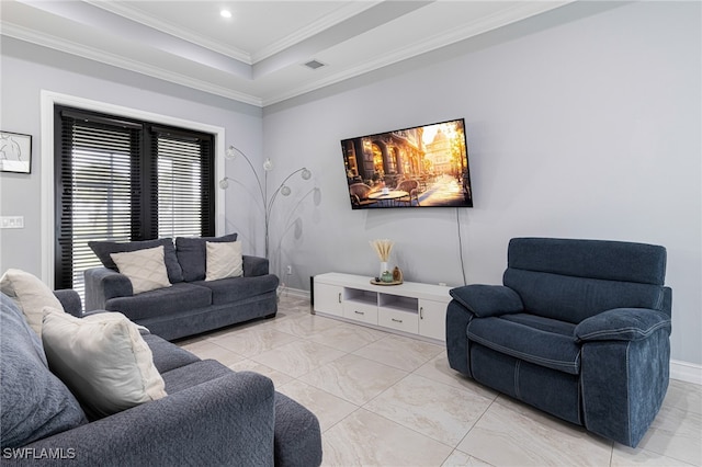 living room featuring a raised ceiling, crown molding, and light tile patterned floors