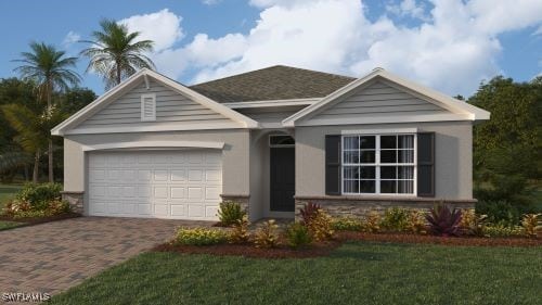 view of front of house with a garage, stone siding, a front lawn, and decorative driveway