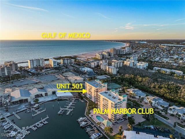 150 Lenell Rd Unit 503, Fort Myers Beach, FL 33931 - aerial view at dusk featuring a water view