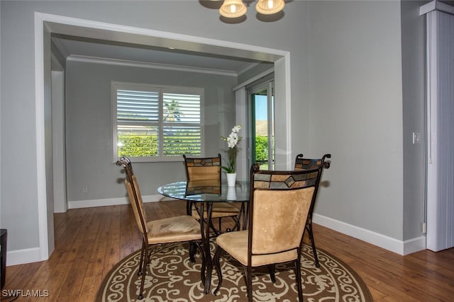 dining room with crown molding and hardwood / wood-style floors