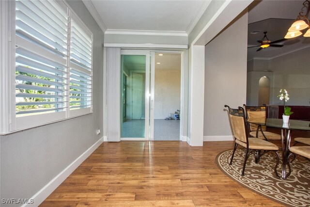 dining space featuring ceiling fan, light hardwood / wood-style floors, and crown molding