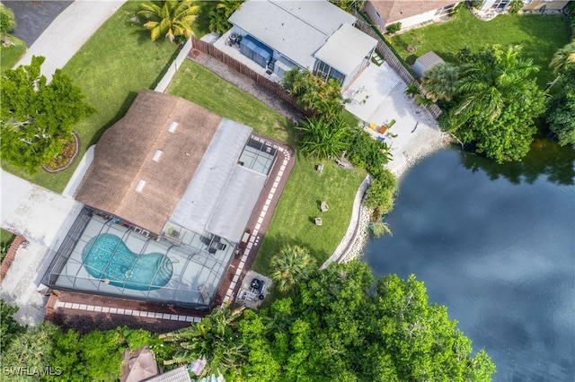 aerial view featuring a water view