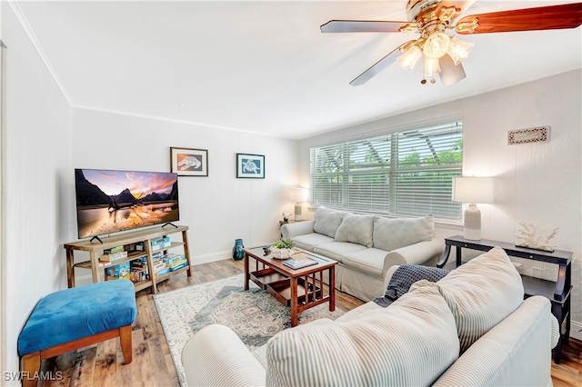 living room with ceiling fan and light hardwood / wood-style floors