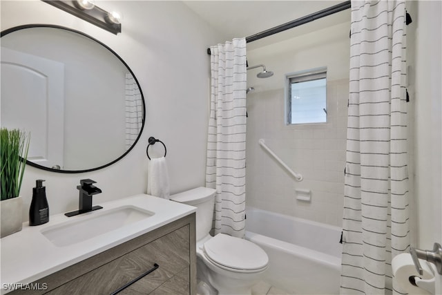 full bathroom with vanity, shower / bathtub combination with curtain, and toilet