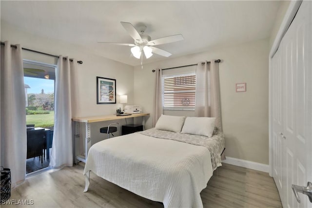 bedroom featuring multiple windows, light wood-style floors, a closet, and access to outside