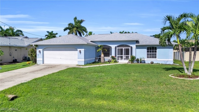 ranch-style home featuring a front yard and a garage