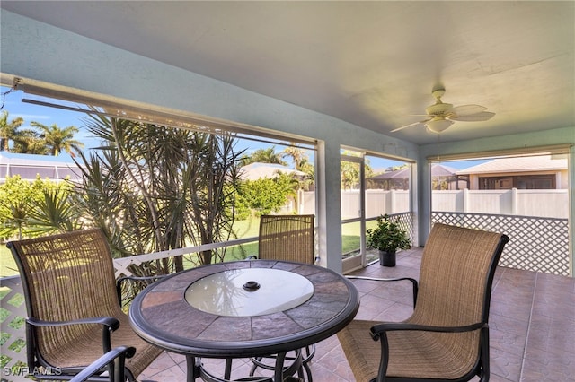 sunroom / solarium featuring ceiling fan