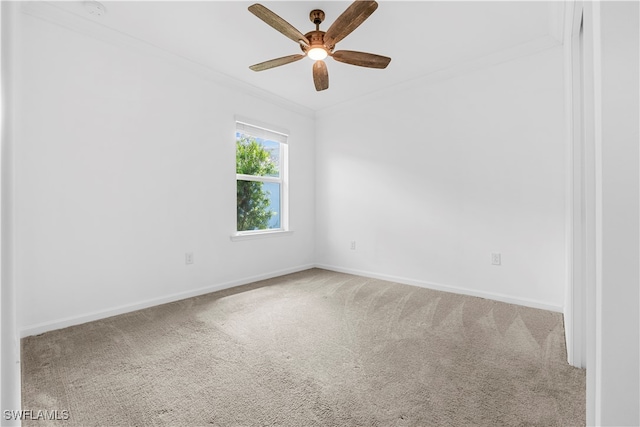 spare room featuring crown molding, carpet flooring, and ceiling fan