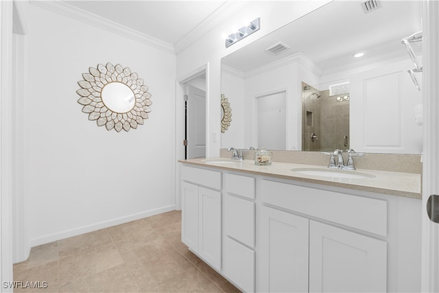 bathroom featuring vanity, an enclosed shower, ornamental molding, and tile patterned floors