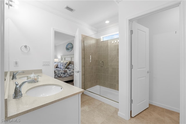 bathroom with vanity, walk in shower, ornamental molding, and tile patterned flooring