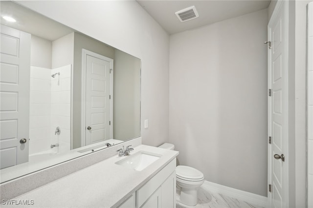 full bathroom with bathtub / shower combination, vanity, and toilet