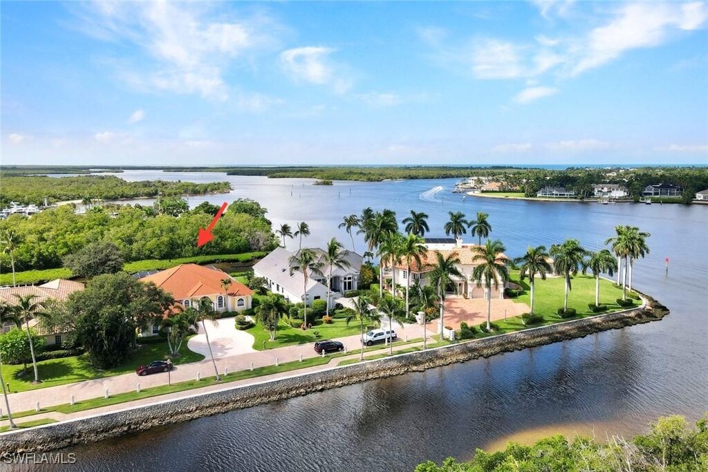 drone / aerial view with a water view