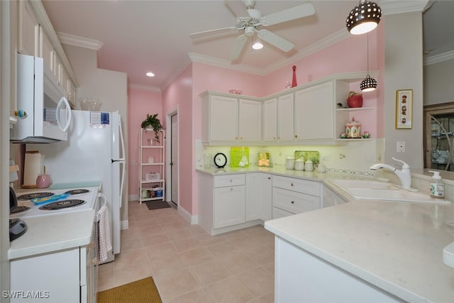 kitchen with ceiling fan, hanging light fixtures, white cabinetry, light tile patterned floors, and white appliances