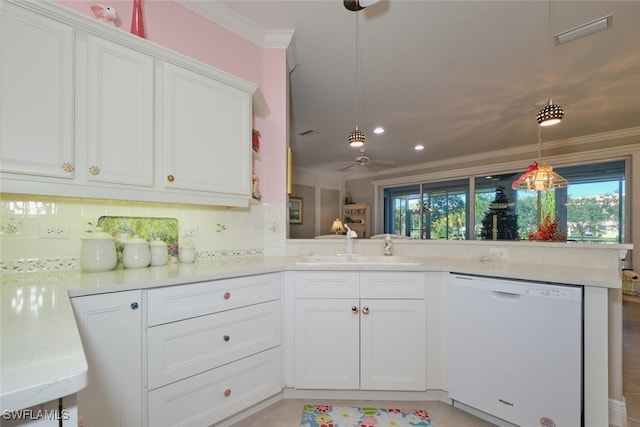 kitchen with ceiling fan, decorative backsplash, white cabinetry, white dishwasher, and crown molding