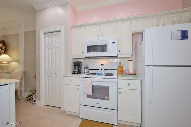 kitchen featuring backsplash, white cabinetry, ornamental molding, light tile patterned floors, and white appliances