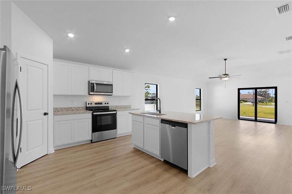 1313 Bush St W, Immokalee, FL 34142 - kitchen with appliances with stainless steel finishes, light wood-style flooring, healthy amount of natural light, ceiling fan, and recessed lighting