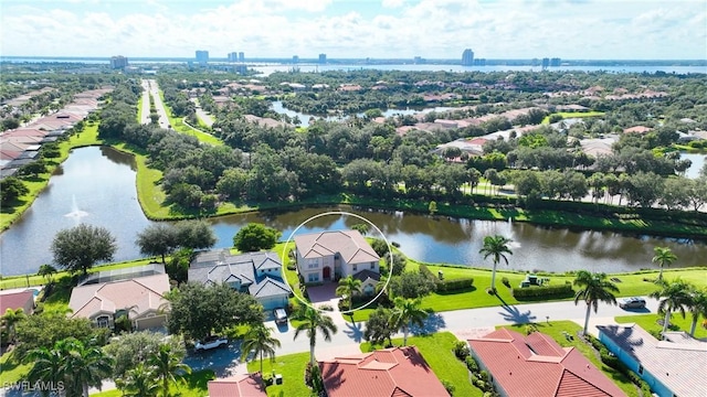 drone / aerial view featuring a water view