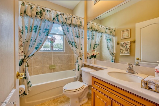 full bathroom featuring vanity, tile patterned flooring, shower / bathtub combination with curtain, and toilet