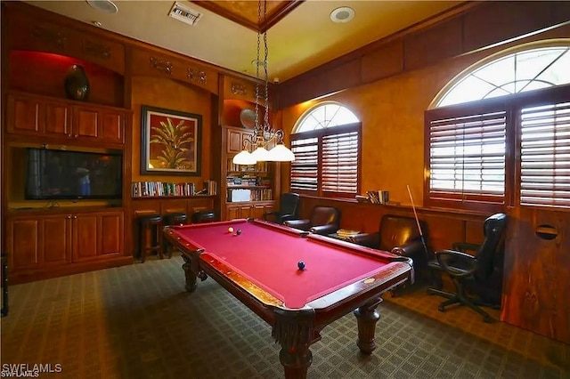 recreation room with carpet flooring and pool table