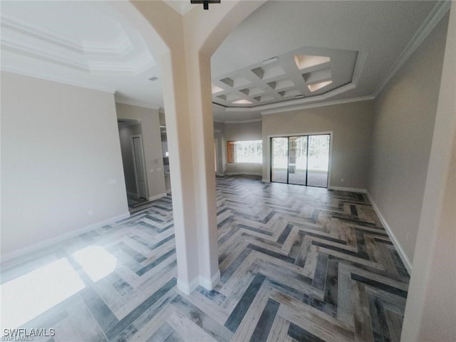 spare room with beam ceiling, ornamental molding, coffered ceiling, a raised ceiling, and parquet flooring