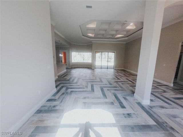 interior space with coffered ceiling, beam ceiling, light parquet floors, and ornamental molding