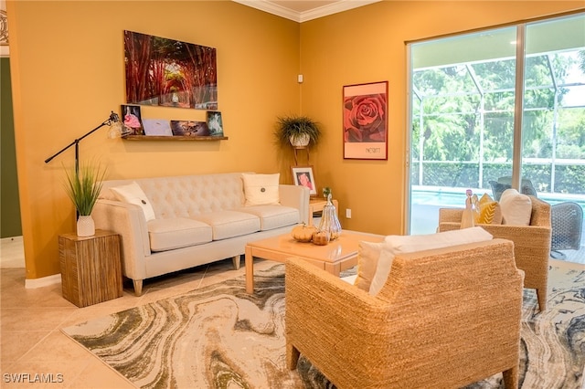 living room with tile patterned floors and crown molding