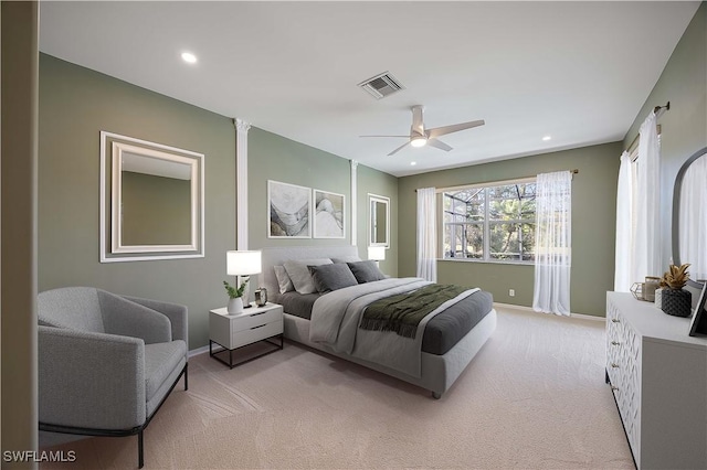 bedroom featuring recessed lighting, visible vents, light carpet, ceiling fan, and baseboards