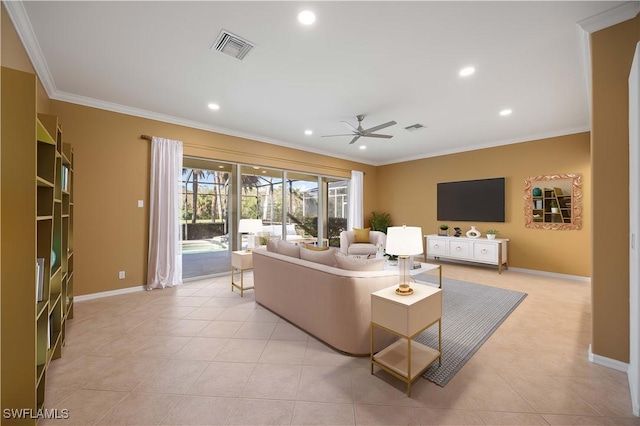 living area featuring light tile patterned floors, ornamental molding, visible vents, and recessed lighting