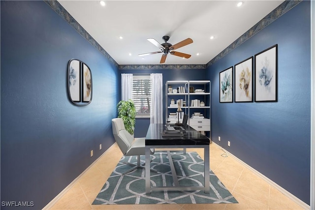 office area featuring tile patterned flooring, baseboards, a ceiling fan, and recessed lighting